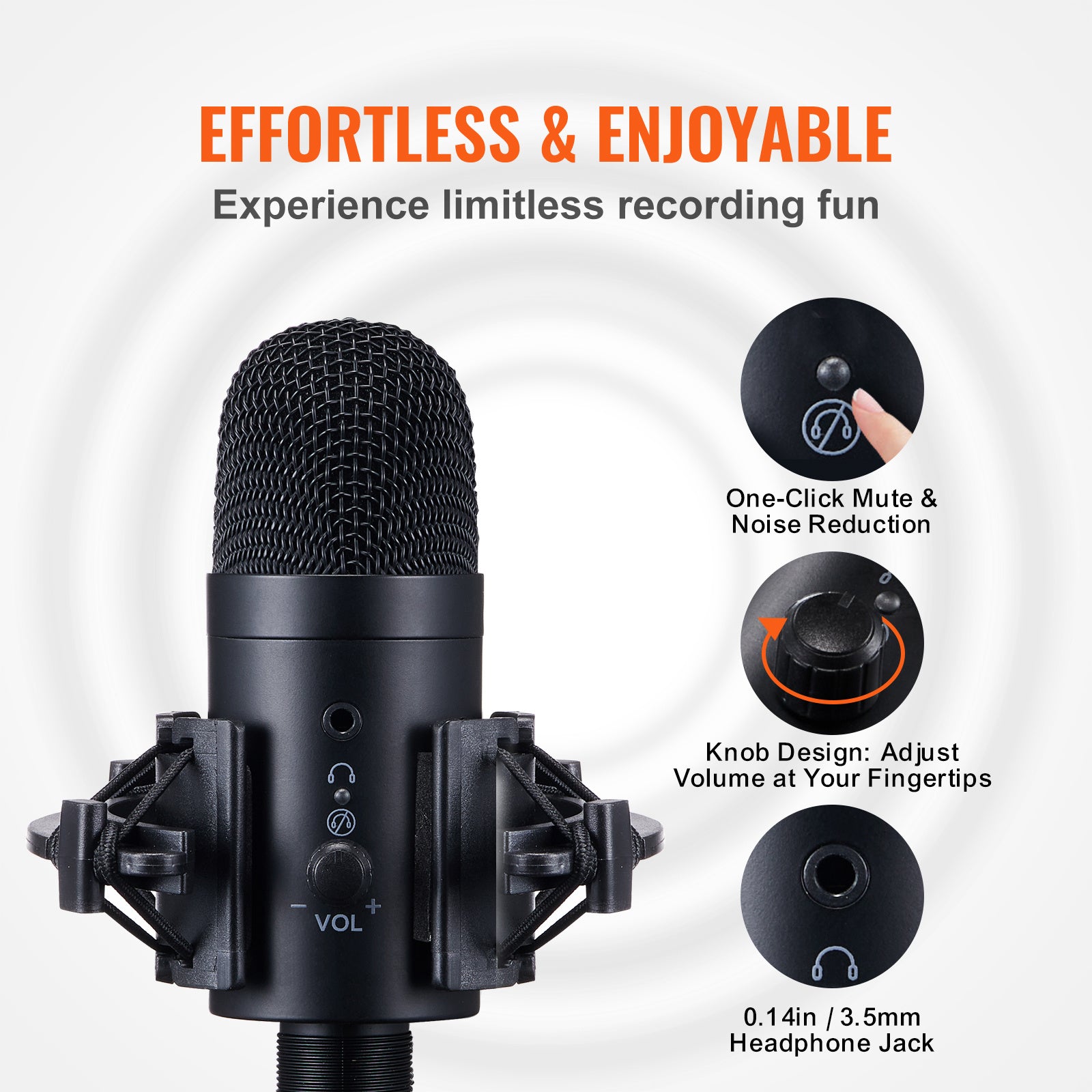 VEVOR USB Microphone, 192kHz 24-bit, Professional Condenser Microphone Kit, With Boom Arm Stand Filter Shock Mount Mute Button Headphones Jack, For Podcast Recording Video Gaming Singing Streaming